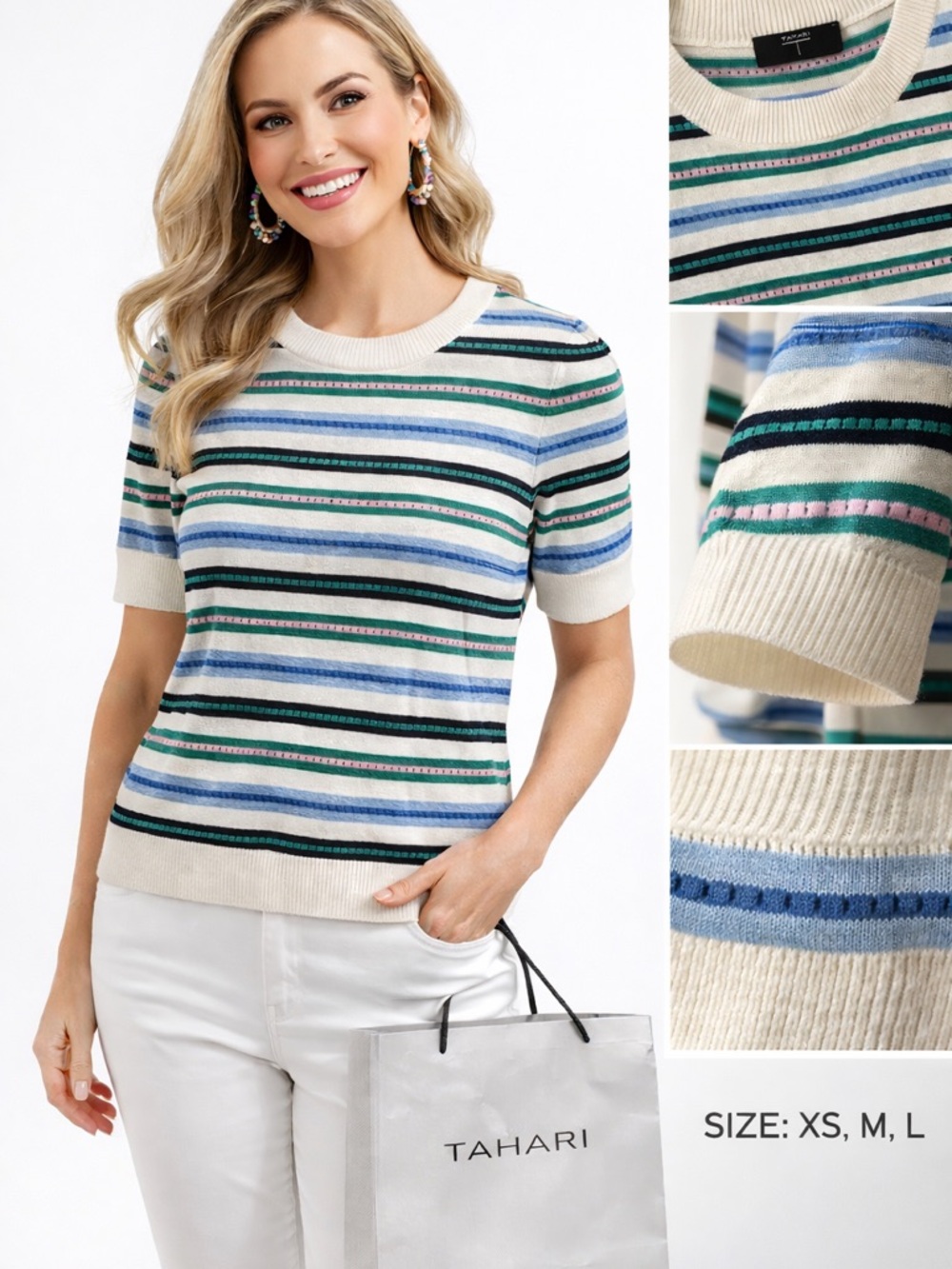 Tahari Cream Striped Short Sleeve Knit Top with Blue, Green and Pink Accents